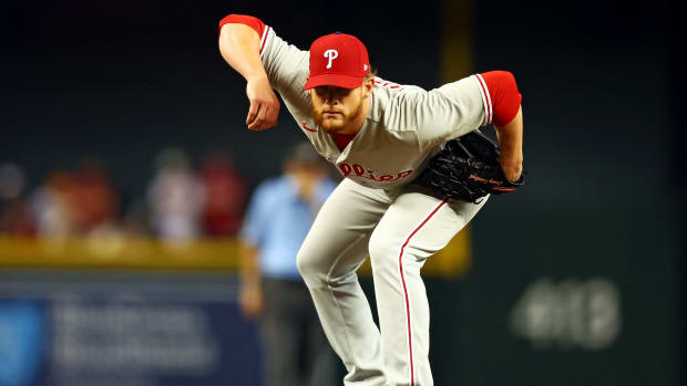 Oct 20, 2023; Phoenix, Arizona, USA; Philadelphia Phillies relief pitcher Craig Kimbrel (31) pitches during the eighth inning against the Arizona Diamondbacks in game four of the NLCS for the 2023 MLB playoffs at Chase Field. Mandatory Credit: Mark J. Rebilas-USA TODAY Sports